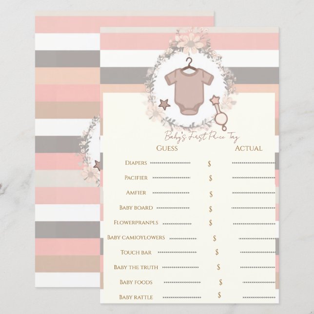Pink Grey Stripes Baby's First Price Tag Game (Front/Back)