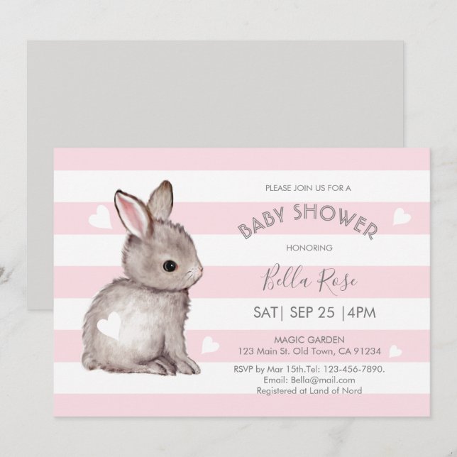Pink Grey Stripes Bunny Heart Baby Shower Invite (Front/Back)
