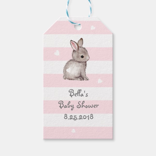 Pink Grey Stripes Bunny Heart Gift Tag (Front)