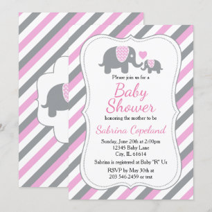 Pink & Grey Stripes Elephant Baby Shower Invitation