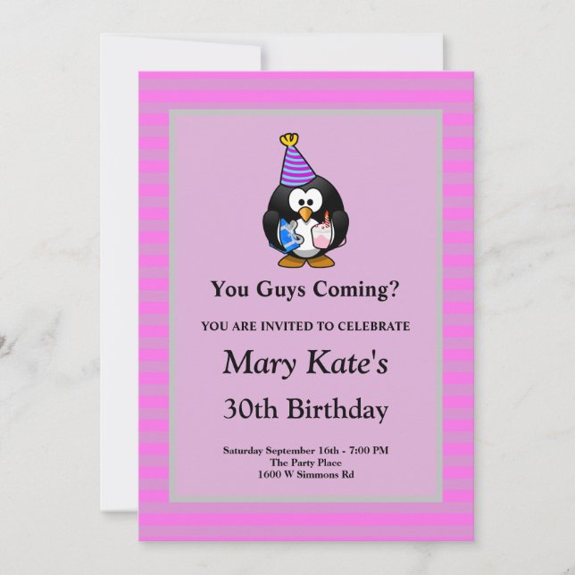 Pink/Grey Stripes Framed Funny Birthday Party Invitation (Front)