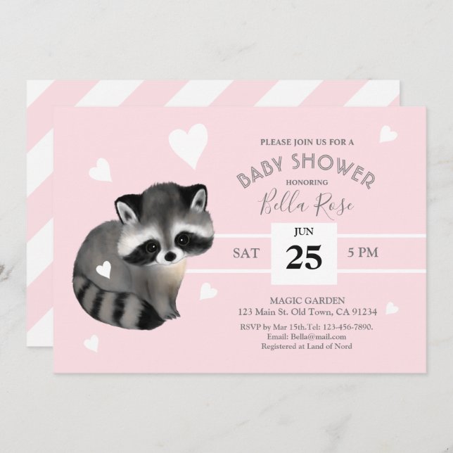 Pink Grey Stripes Racoon Baby Shower Invitation (Front/Back)