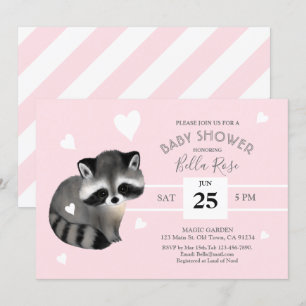 Pink Grey Stripes Racoon Baby Shower Invitation