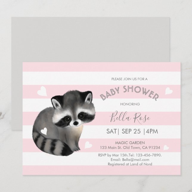 Pink Grey Stripes Racoon Heart Baby Shower Invite (Front/Back)