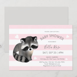 Pink Grey Stripes Racoon Heart Baby Shower Invite