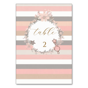 Pink Grey Stripes Wreath Baby Shower Table Number