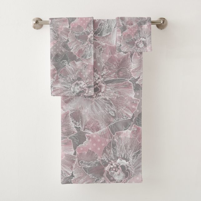 Pink grey stylish large flowers bath towel set (Insitu)