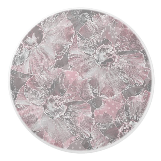 Pink grey stylish large flowers ceramic knob (Front)