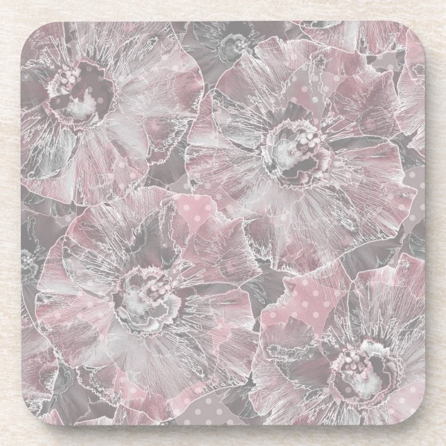 Pink grey stylish large flowers coaster (Front)