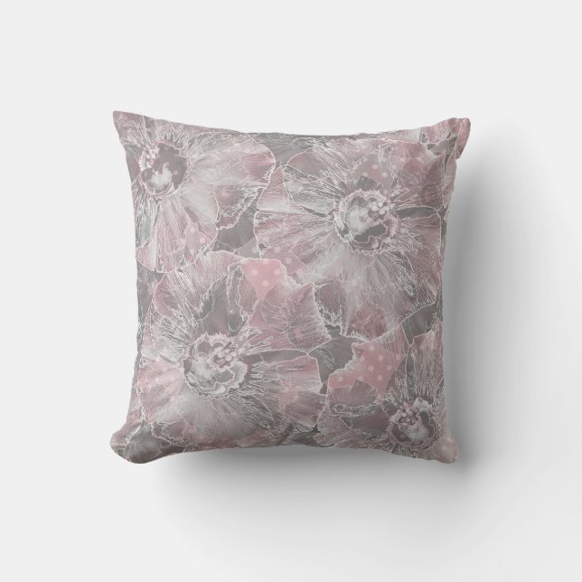 Pink grey stylish large flowers cushion (Front)