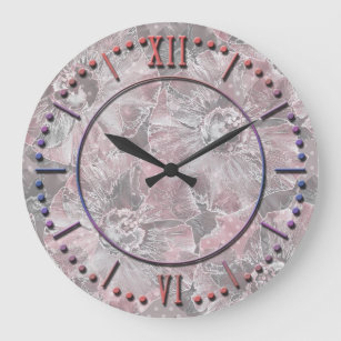 Pink ,grey ,stylish ,large ,flowers, pink flowers, large clock