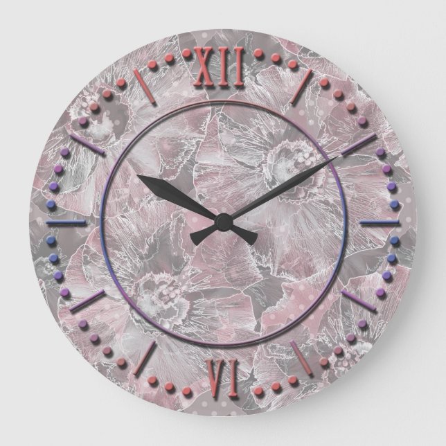 Pink ,grey ,stylish ,large ,flowers, pink flowers, large clock (Front)