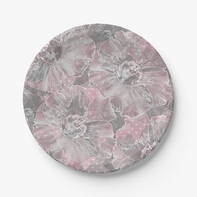 Pink ,grey ,stylish ,large ,flowers, pink flowers, paper plate (Front)