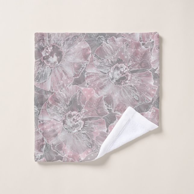 Pink grey stylish large flowers wash cloth (Wash Cloth)