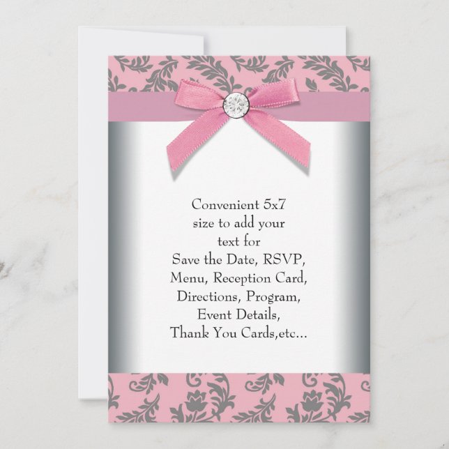 Pink Grey Swirl Damask Invitation (Front)
