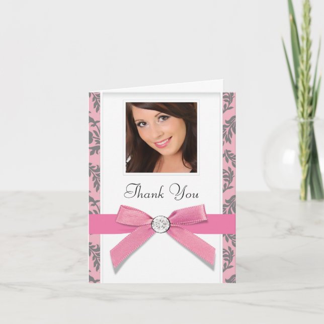 Pink Grey Swirl Damask Photo Thank You Cards (Front)
