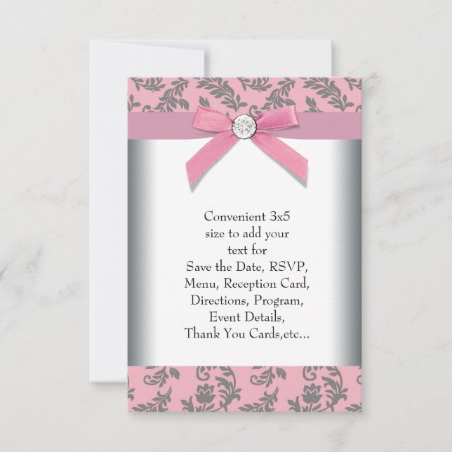 Pink Grey Swirl Damask RSVP (Front)