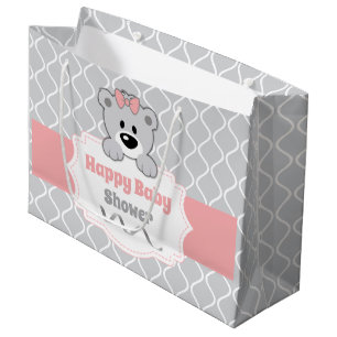 Pink & Grey Teddy Bear Baby Shower Large Gift Bag