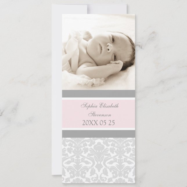 Pink Grey Template New Baby Birth Announcement (Front)