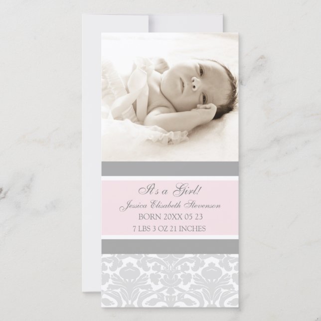 Pink Grey Template New Baby Birth Announcement (Front)