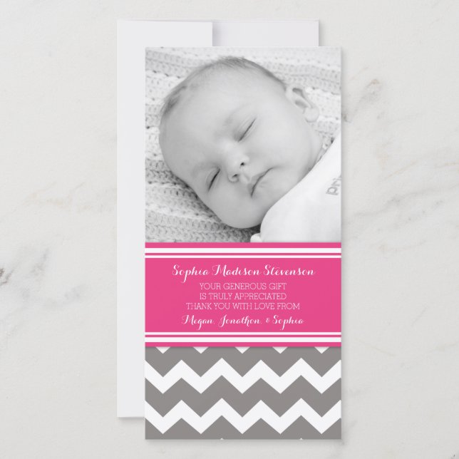 Pink Grey Thank You Baby Shower Photo Cards (Front)