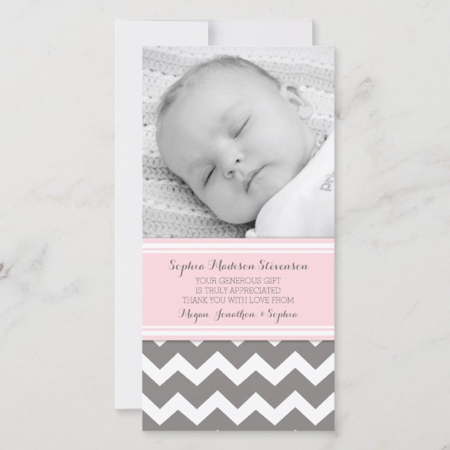 Pink Grey Thank You Baby Shower Photo Cards (Front)
