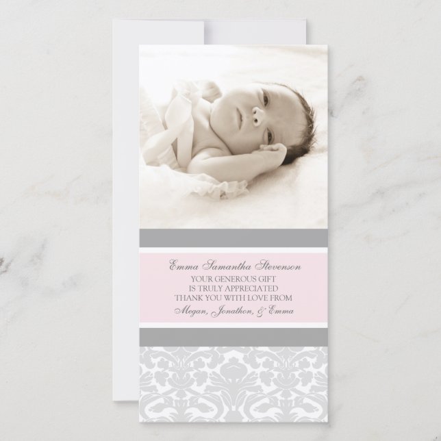 Pink Grey Thank You Baby Shower Photo Cards (Front)