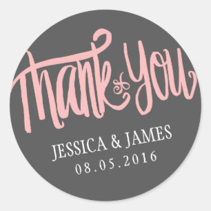 Pink Grey Thank You Sticker with Calligraphy Font