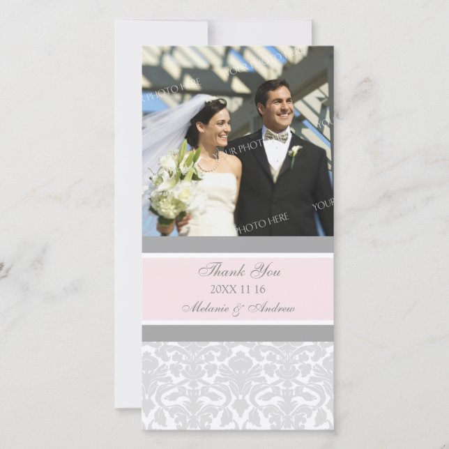 Pink Grey Thank You Wedding Photo Cards (Front)