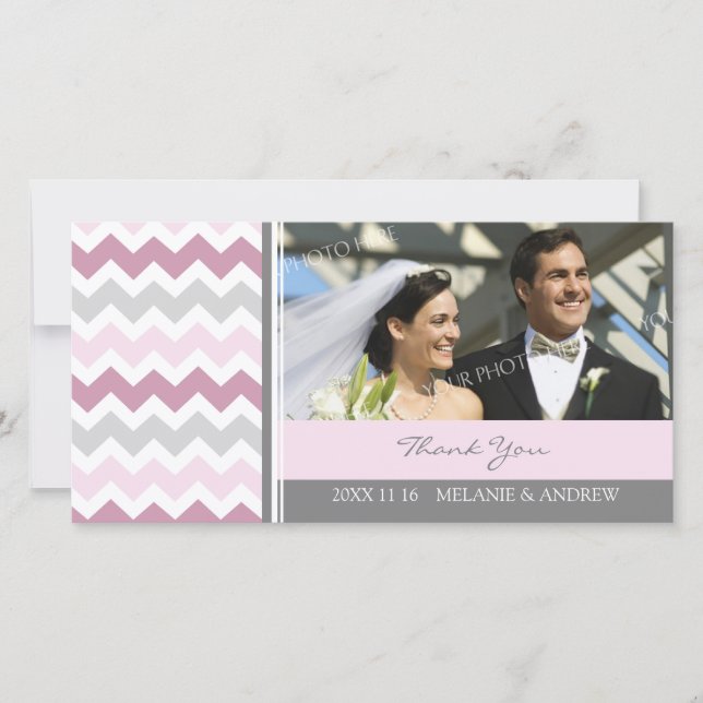 Pink Grey Thank You Wedding Photo Cards (Front)