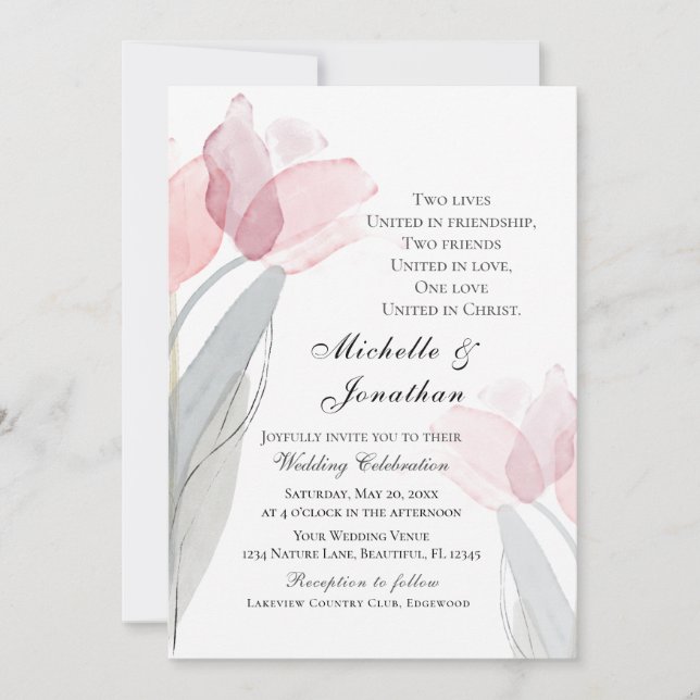 Pink Grey Tulips Modern Floral Christian Wedding Invitation (Front)