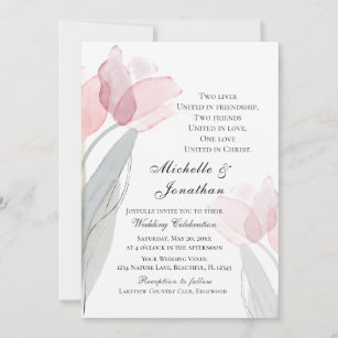 Pink Grey Tulips Modern Floral Christian Wedding Invitation