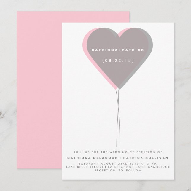 Pink & Grey Twin Hearts Balloon Wedding Invitation (Front/Back)