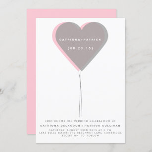 Pink & Grey Twin Hearts Balloon Wedding Invitation