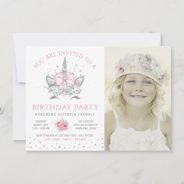 Pink Grey Unicorn Face Photo Birthday Party Invitation (Front)