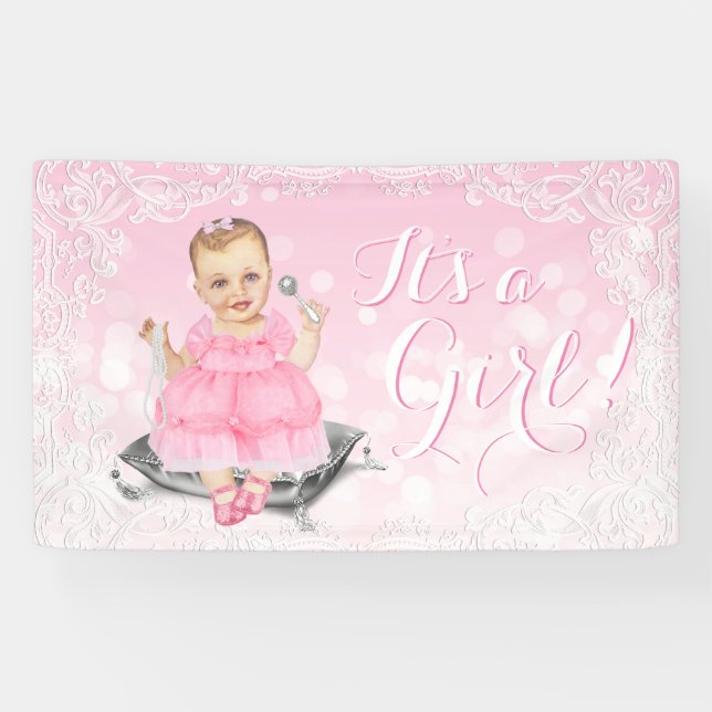 Pink Grey Vintage Baby Girl Baby Shower Banner (Horizontal)