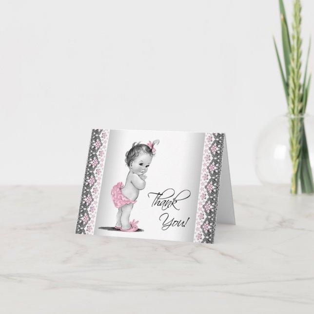Pink Grey Vintage Baby Shower Thank You Card (Front)