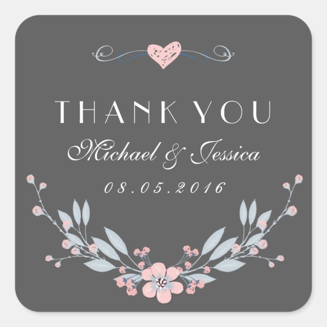 Pink Grey Vintage Flower Wedding Sticker with Love (Front)