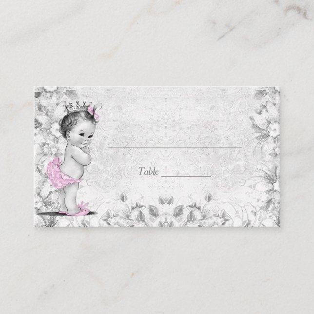 Pink Grey Vintage Princess Baby Shower Place Cards (Front)