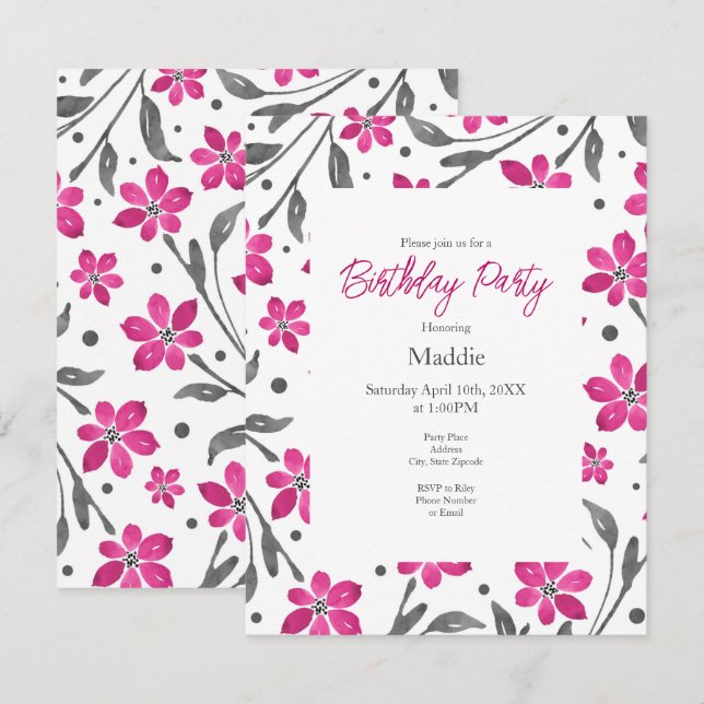  Pink Grey Watercolor Flowers Pattern  Invitation (Front/Back)