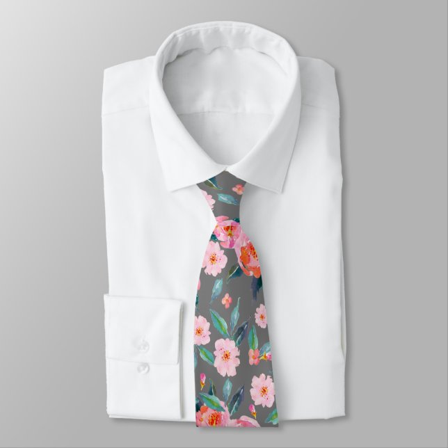 Pink Grey Watercolor Rose Pattern Wedding Tie (Tied)
