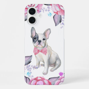 Pink grey watercolor roses cute french bulldog iPhone 16 plus case