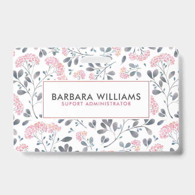 Pink & Grey Watercolors Flowers Pattern ID Badge (Front)