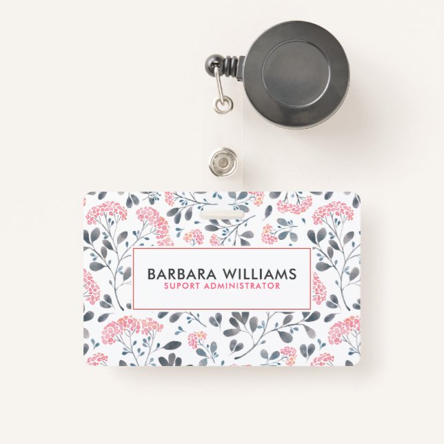 Pink & Grey Watercolors Flowers Pattern ID Badge (Front with Retractable)