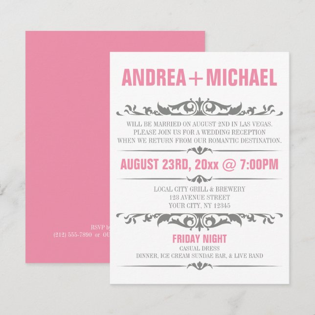 Pink & Grey Wedding Reception ONLY Invitations (Front/Back)