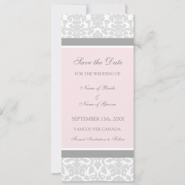 Pink Grey Wedding Save the Date Card (Front)
