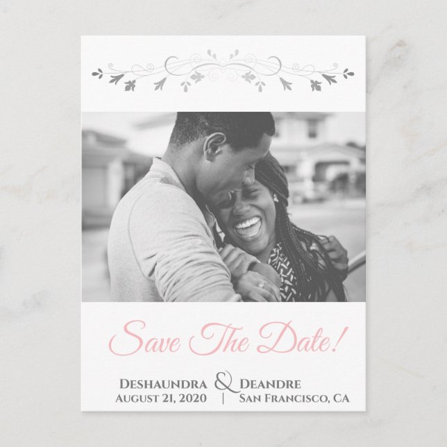 Pink & Grey Wedding Save the Date Postcard (Front)