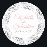 Pink & Grey Wedding Sticker or Favour Label<br><div class="desc">These beautiful stickers are designed to coordinate with our Pink & Grey Elegant Wedding Suite. They feature Pink & Grey text on a white background with a silver faux foil floral border. The text is fully customisable and contains the wedding couple's names and wedding date. Great as favour tags!</div>