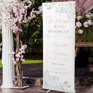 Pink & Grey Wedding Welcome Retractable Banner
