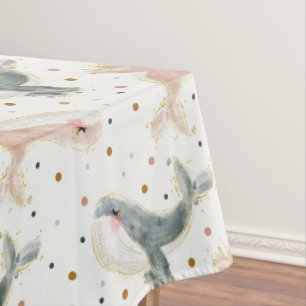 Pink Grey Whale Polka Dots Baby Shower Birthday Tablecloth